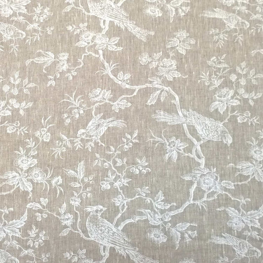 A large view of the Arte Fresca Outlet Conway Lin White fabric coupon, showing the elegant off-white bird and floral pattern on natural linen.