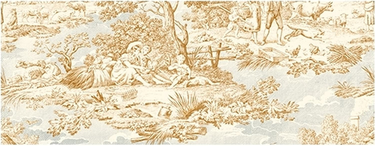 A detailed macro shot of the Arte Fresca Delphine Toile fabric, highlighting the fine etched lines of the pastoral pattern in sepia-brown.