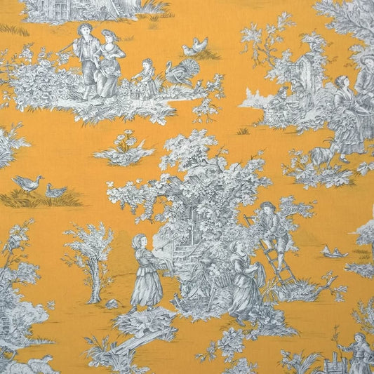 A large view of the Arte Fresca Outlet Toile de Jouy Moutarde fabric coupon, showing the classic grey Toile de Jouy scenic pattern on a vibrant mustard background.
