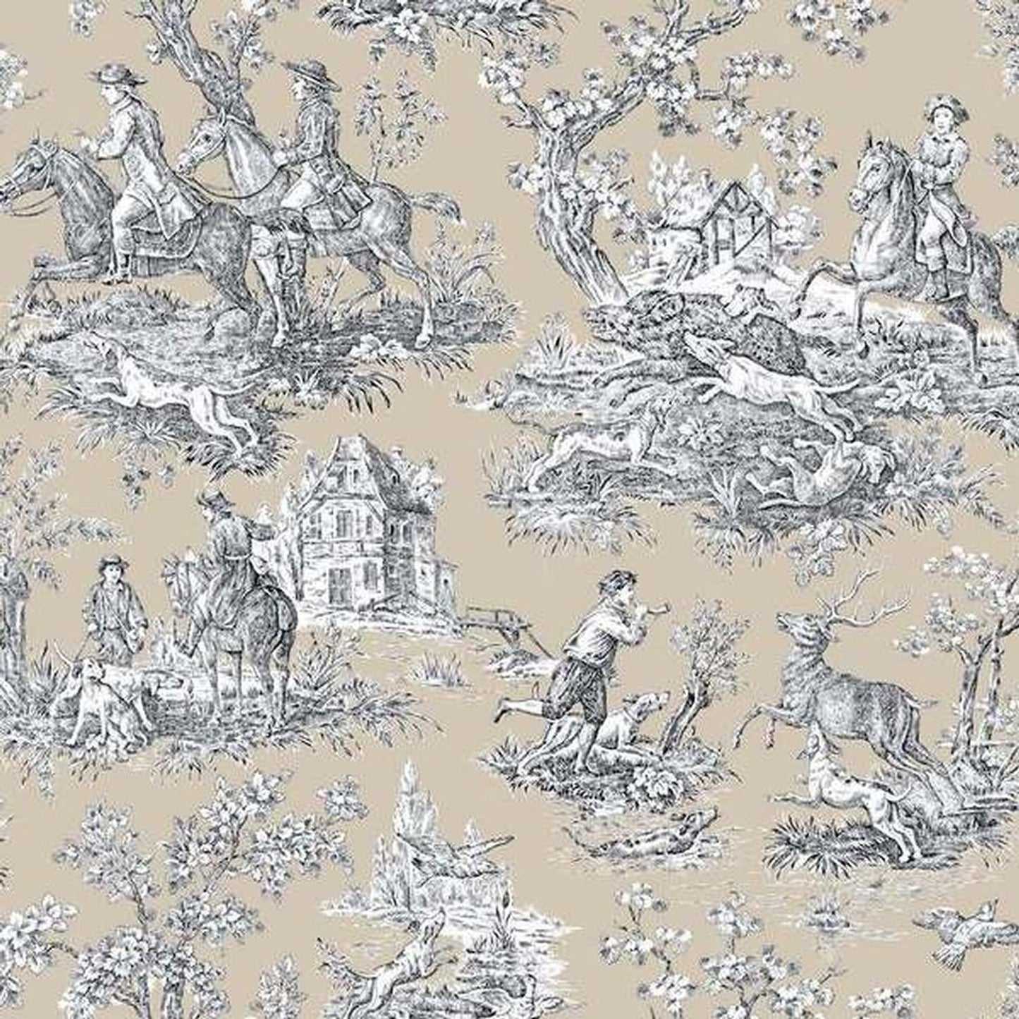 La Chasse Beige fabric coupon by Arte Fresca Outlet, showing a large view of the Toile de Jouy pattern with detailed hunting scenes in warm beige on light beige. This smooth, woven cotton fabric piece has a soft, matte finish, highlighting its natural texture and intricate design.