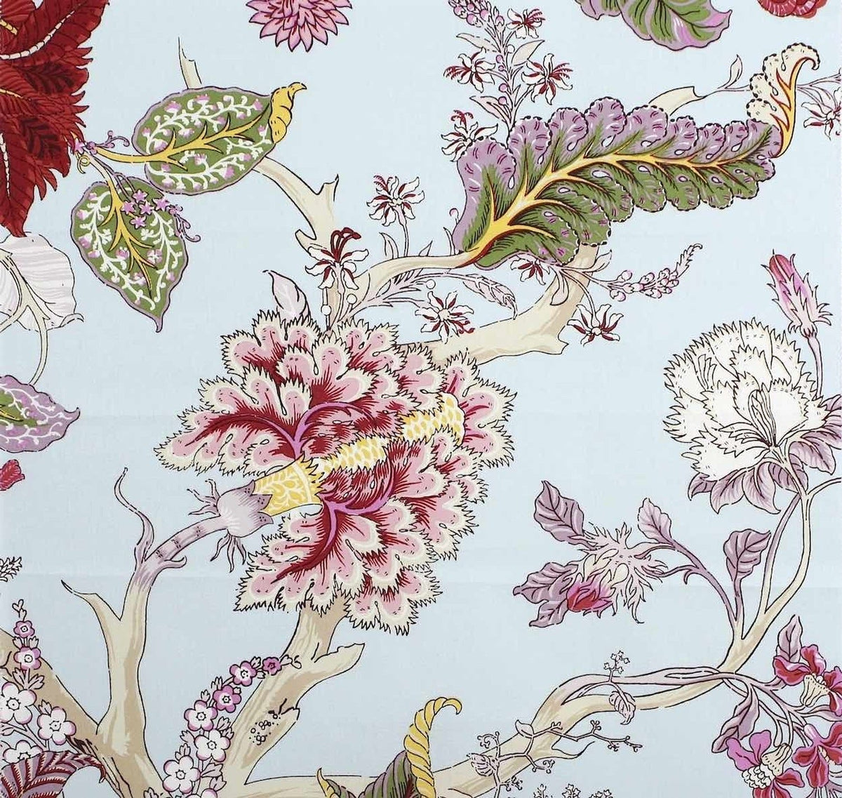 A reduced-price coupon of the LANDEVY MULTI HELLBLAU fabric from Arte Fresca Outlet. The image shows the multi-colored floral Chinoiserie pattern on a light blue background, highlighting the opulent and romantic design.
