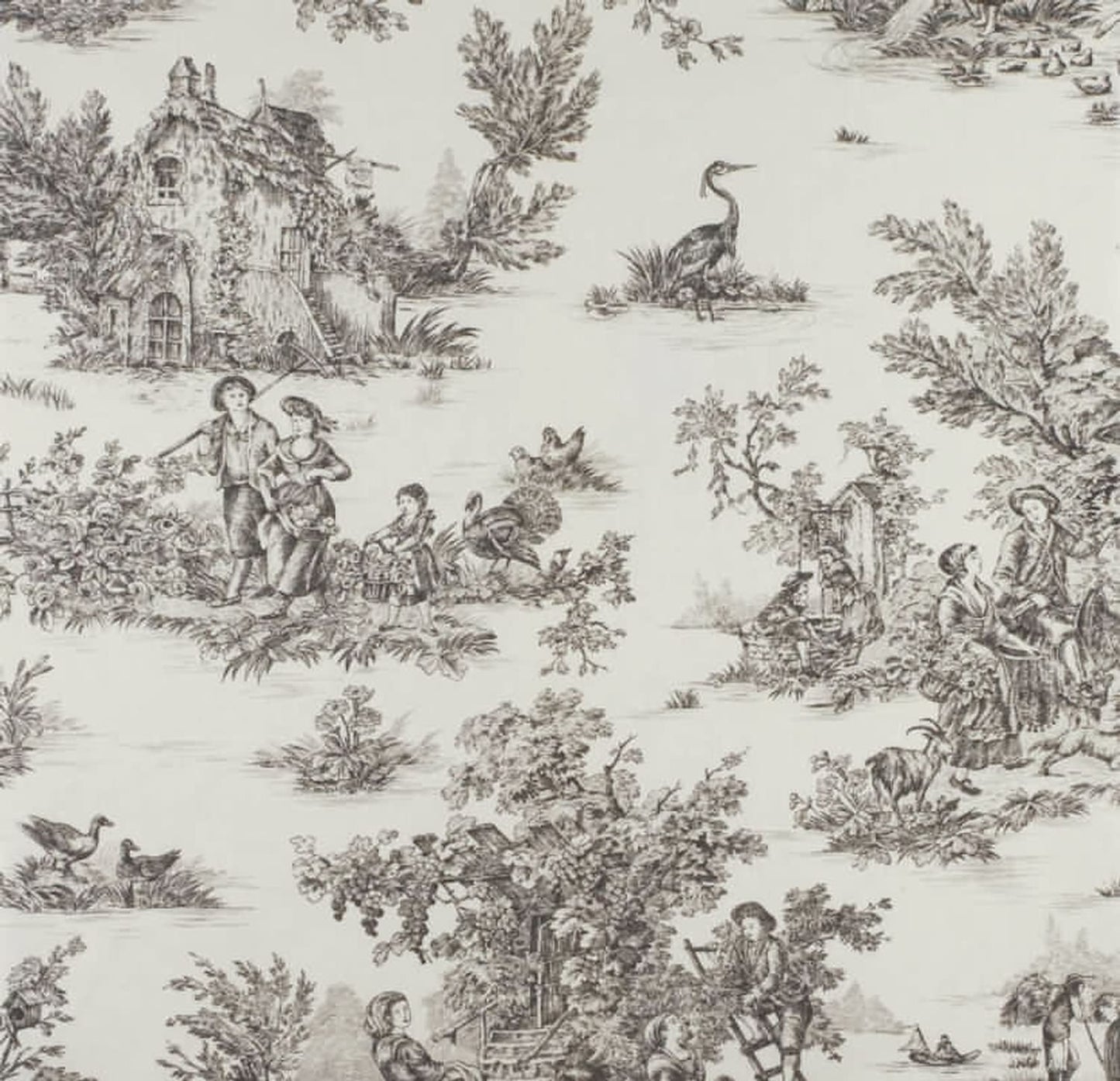 A reduced-price coupon of the TOILE DE JOUY BLACK/CREME fabric from Arte Fresca Outlet, featuring a classic French country scene pattern in black on a creme background.