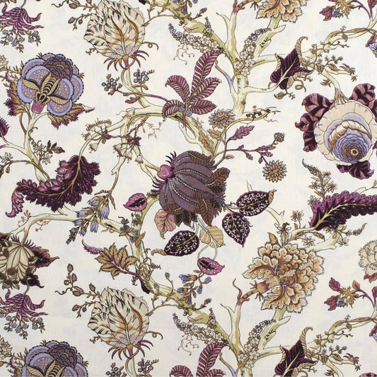 Villars Aubergine/Offwhite fabric coupon by Arte Fresca Outlet, showing a large view of its opulent botanical pattern. This printed 100% cotton fabric features magnificent, imaginative blossoms in deep aubergine and violet, complemented by delicate brown, taupe, and green nuances on a soft off-white background, displaying a smooth texture.