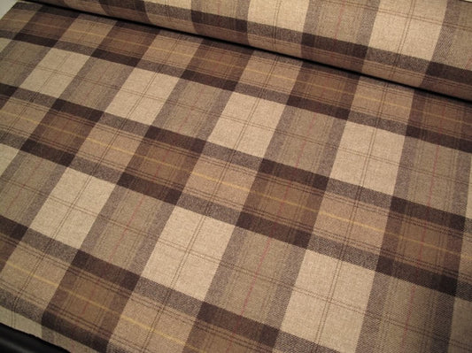 YORK PLAID BROWN heavy woven fabric by Arte Fresca Outlet, a full view displaying its large-scale classic plaid pattern in muted brown and beige tones with fine cream and rustic red accents, highlighting the authentic texture of 100% pure wool.