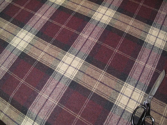 YORK PLAID PLUM fabric by Arte Fresca Outlet, a heavy 100% wool woven textile with a visible texture. It features a large-scale classic plaid pattern in deep plum-red/bordeaux and beige tones, accented with fine cream and subtle gray-blue/mauve lines, perfect for durable upholstery (30,000 Martindale).