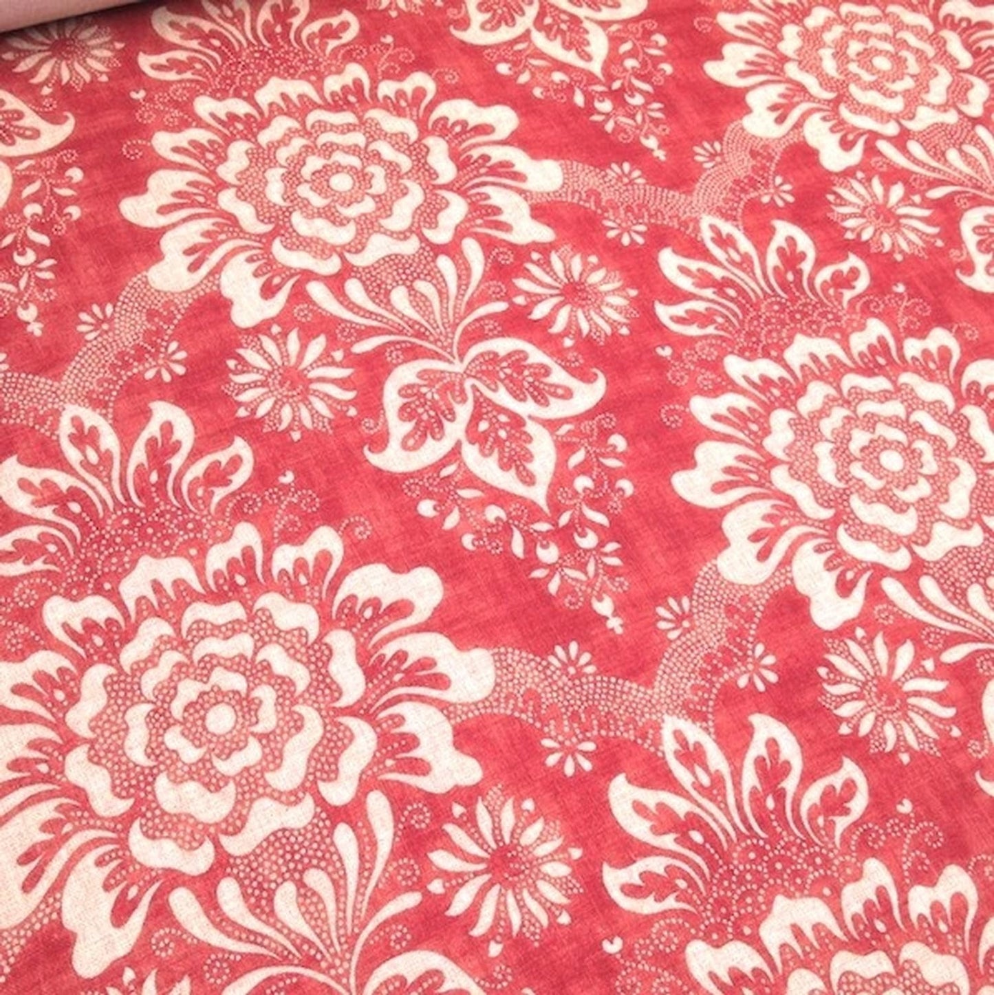 ADELE RED fabric by Arte Fresca Outlet, a full view displaying its rich red base with delicate ivory floral ornament pattern, highlighting its linen-like texture and luxurious vintage elegance.