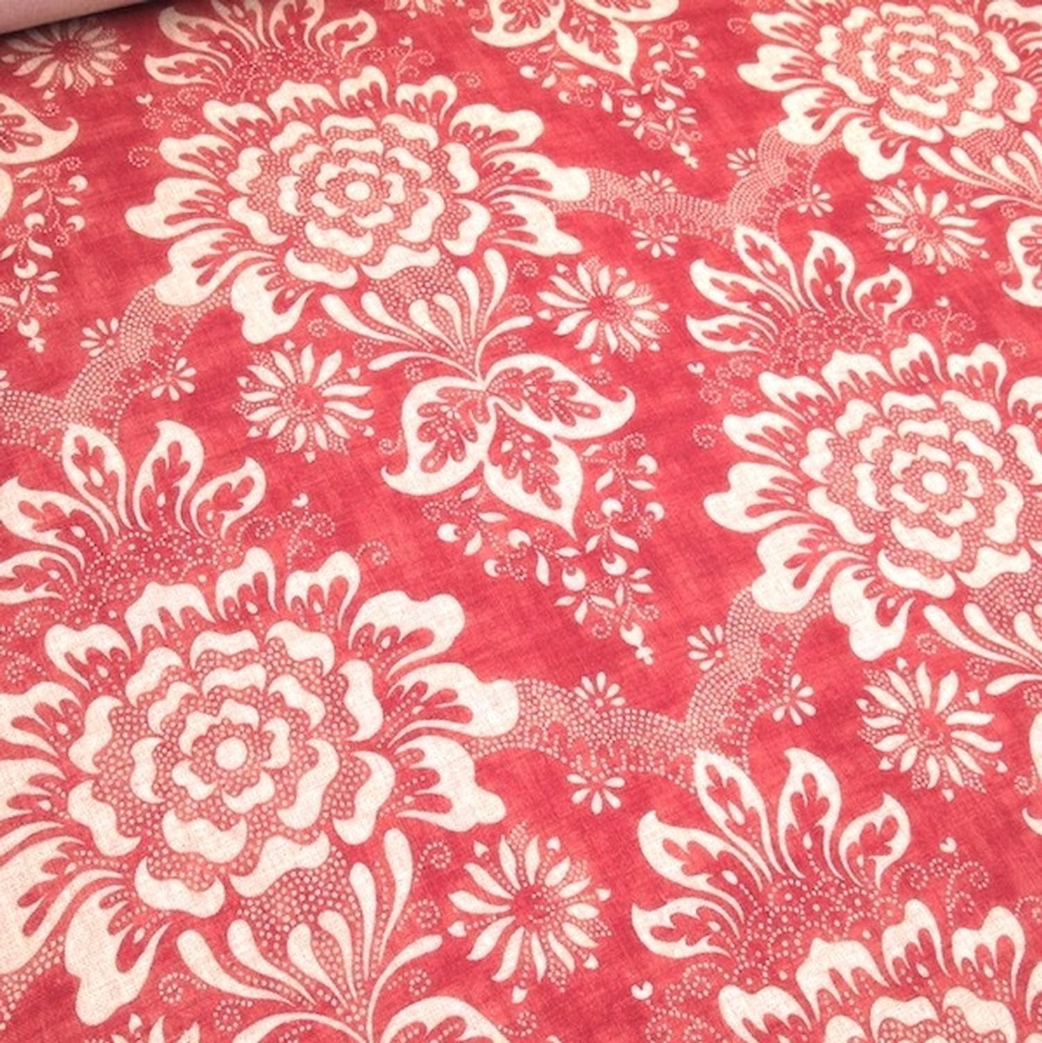 ADELE RED fabric by Arte Fresca Outlet, a full view displaying its rich red base with delicate ivory floral ornament pattern, highlighting its linen-like texture and luxurious vintage elegance.