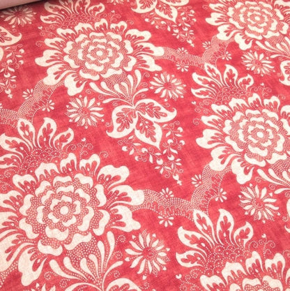 ADELE RED fabric by Arte Fresca Outlet, a full view displaying its rich red base with delicate ivory floral ornament pattern, highlighting its linen-like texture and luxurious vintage elegance.