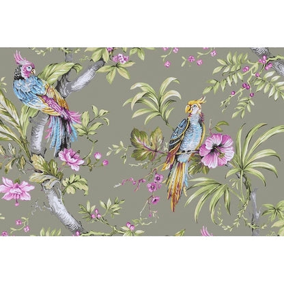 Flat view of printed pure cotton fabric featuring exotic parrots and a stylized hibiscus tree in blue, violet, green, and grey on a dark beige background