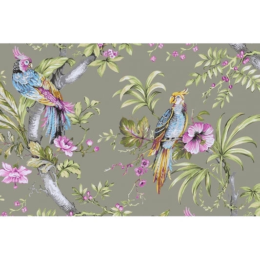 Flat view of printed pure cotton fabric featuring exotic parrots and a stylized hibiscus tree in blue, violet, green, and grey on a dark beige background