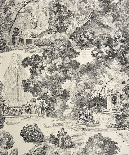 Apolline Schwarz non-woven wallpaper by Arte Fresca Outlet, showing a large view of its classic black and white Toile de Jouy pattern. The wallpaper features detailed scenes of charming figures in a historic park and garden setting, with fountains and trees, on a clean white background.
