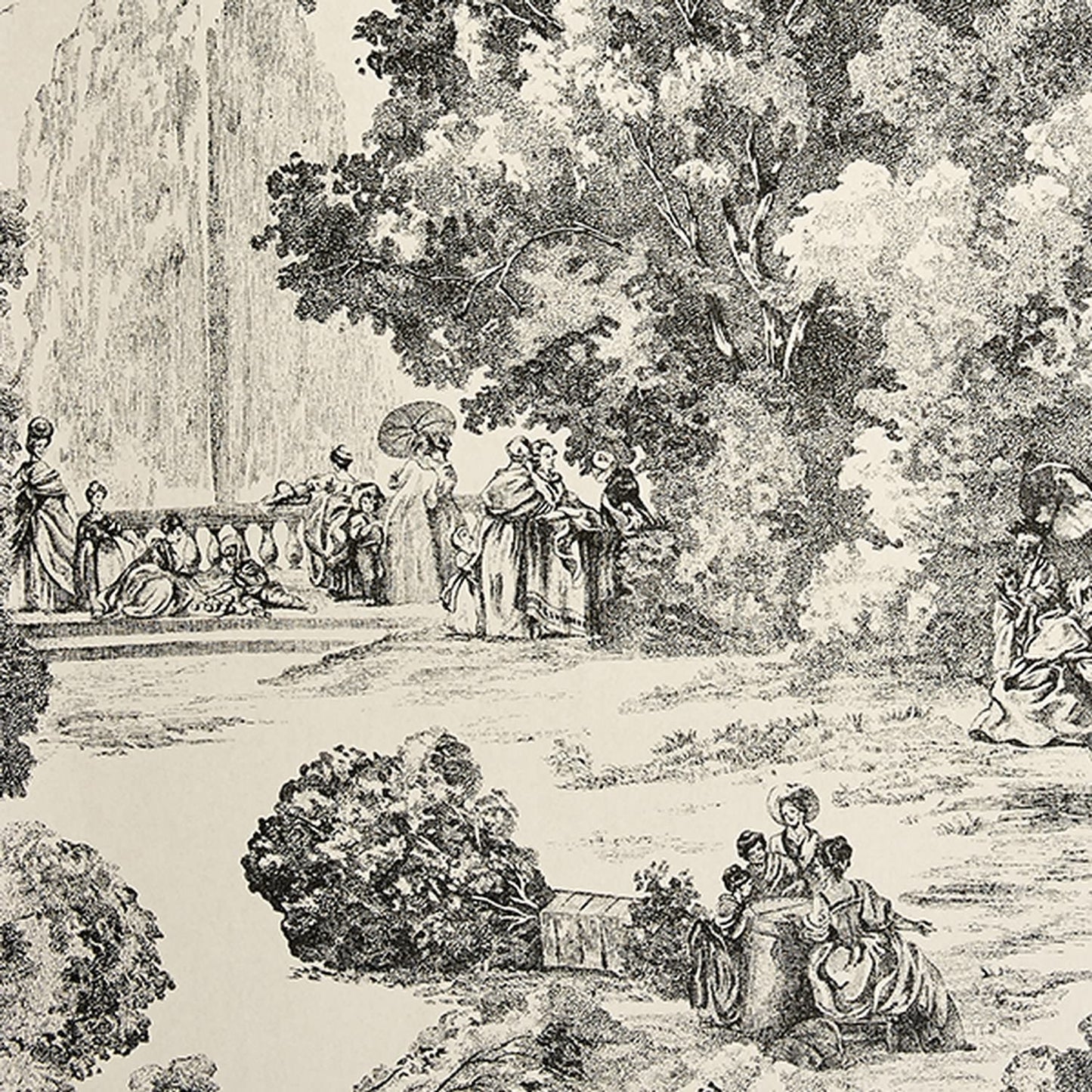 Close-up of Apolline Schwarz wallpaper coupon from Arte Fresca Outlet, revealing the fine details of the Toile de Jouy design. Figures in a park setting are visible in black on the white background, highlighting the high-quality print and smooth texture of this durable non-woven wallpaper.