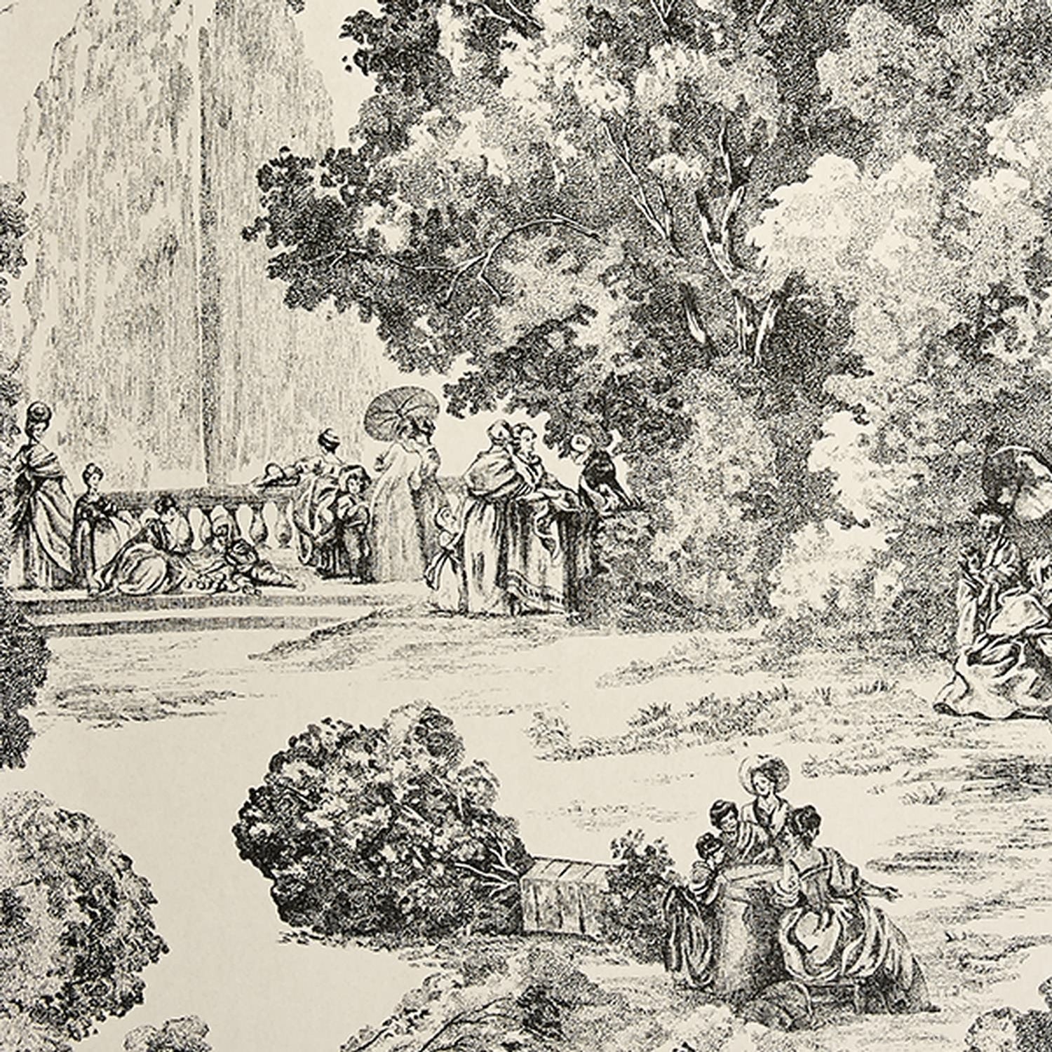Close-up of Apolline Schwarz wallpaper coupon from Arte Fresca Outlet, revealing the fine details of the Toile de Jouy design. Figures in a park setting are visible in black on the white background, highlighting the high-quality print and smooth texture of this durable non-woven wallpaper.