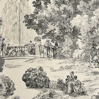 Close-up of Apolline Schwarz wallpaper coupon from Arte Fresca Outlet, revealing the fine details of the Toile de Jouy design. Figures in a park setting are visible in black on the white background, highlighting the high-quality print and smooth texture of this durable non-woven wallpaper.