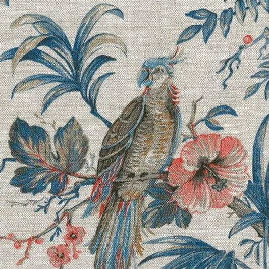 A detailed macro shot of the Arte Fresca Outlet Allegria Lin Blue fabric coupon, highlighting the woven texture of the linen and the intricate details of the parrot motif.