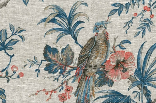 A large view of the Arte Fresca Outlet Allegria Lin Blue fabric coupon, showing the exotic print of a parrot and blue botanical motifs on natural linen.