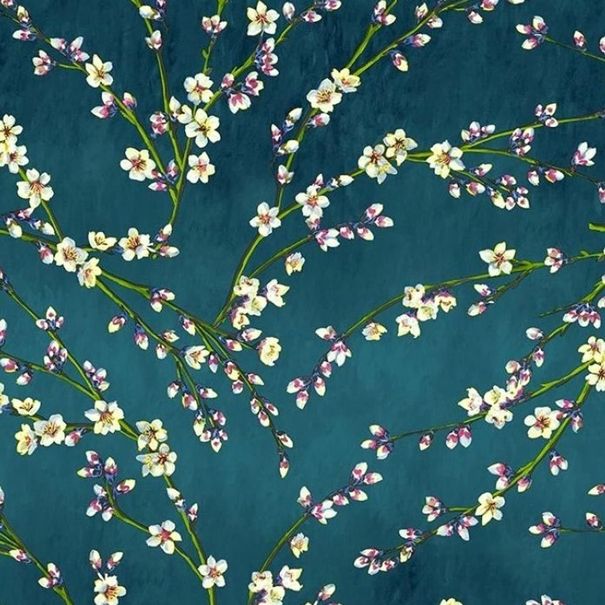 A detailed macro shot of the Arte Fresca Almande Teal fabric, highlighting the delicate white blossoms on a deep teal background.