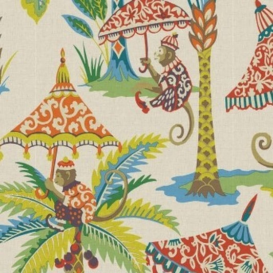 A detailed macro shot of the Arte Fresca Outlet Barney Lin Multi fabric, highlighting the woven texture of the 100% linen and the intricate details of the monkey and parasol motif.