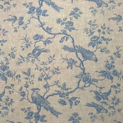 A large view of the Arte Fresca Outlet Conway Lin Blue fabric coupon, showing the elegant blue Toile de Jouy-style bird and floral pattern on natural linen.