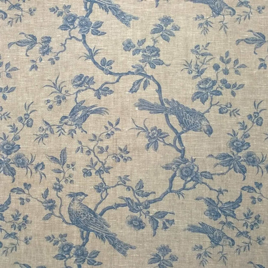 A large view of the Arte Fresca Outlet Conway Lin Blue fabric coupon, showing the elegant blue Toile de Jouy-style bird and floral pattern on natural linen.