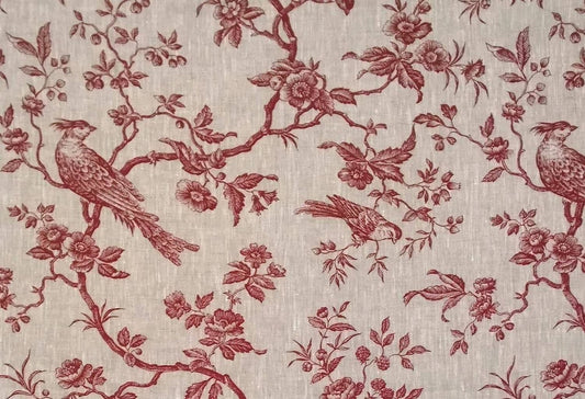 A large view of the Arte Fresca Outlet Conway Lin Red fabric coupon, showing the elegant red Toile de Jouy-style bird and floral pattern on natural linen.