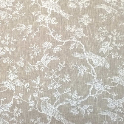 A large view of the Arte Fresca Outlet Conway Lin White fabric coupon, showing the elegant off-white bird and floral pattern on natural linen.