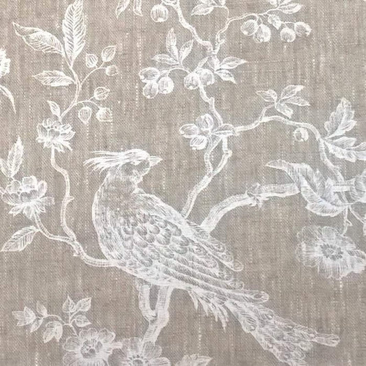 A detailed macro shot of the Arte Fresca Outlet Conway Lin White fabric, highlighting the soft off-white pattern and the beautiful, rustic texture of the 100% linen.