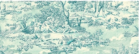 A detailed macro shot of the Arte Fresca Delphine Toile fabric, highlighting the fine etched lines of the pastoral pattern in elegant blue.