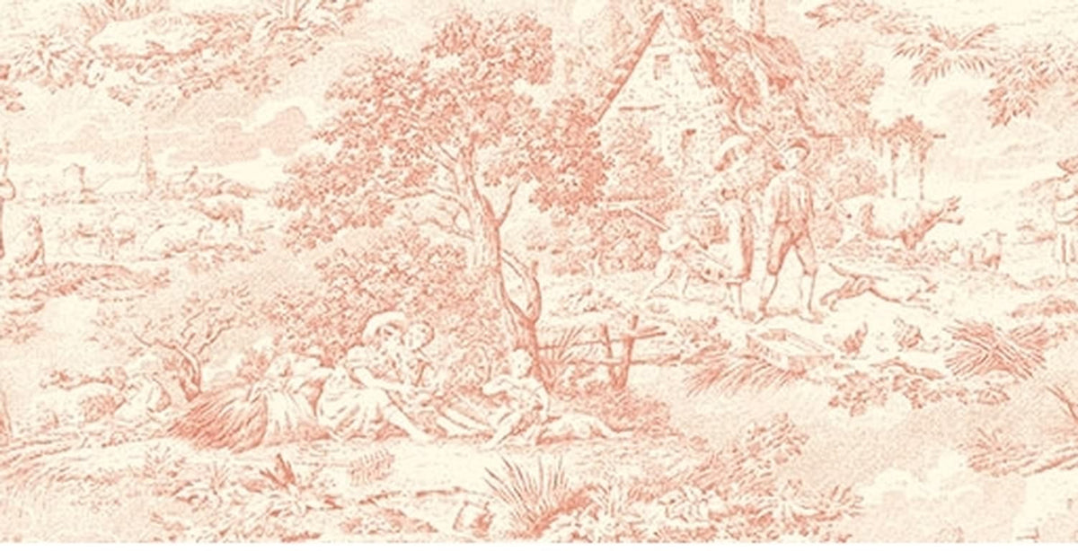 A detailed macro shot of the Arte Fresca Delphine Toile fabric, highlighting the fine etched lines of the pastoral pattern in a soft rose color.