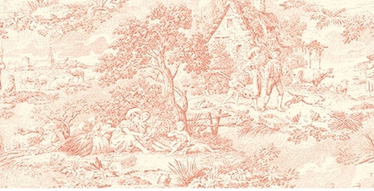 A detailed macro shot of the Arte Fresca Delphine Toile fabric, highlighting the fine etched lines of the pastoral pattern in a soft rose color.