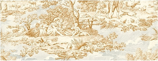 A detailed macro shot of the Arte Fresca Delphine Toile fabric, highlighting the fine etched lines of the pastoral pattern in sepia-brown.