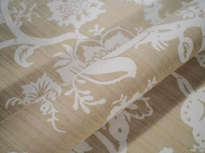 A detailed macro shot of the Arte Fresca Elizabeth Sandstone jacquard fabric, highlighting the woven texture and the intricate details of the floral pattern.