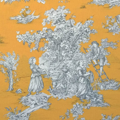 A detailed macro shot of the Arte Fresca Outlet Toile de Jouy Moutarde fabric, highlighting the fine line work of the pastoral pattern and the smooth texture of the 100% cotton.