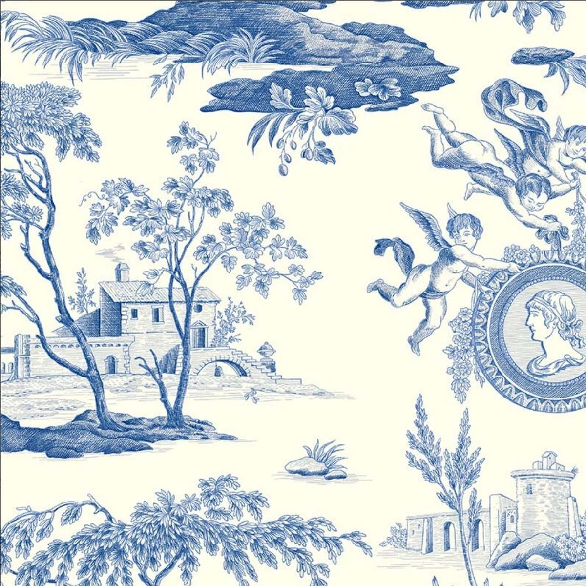 Close-up of Arthemisia Bleu Porcelaine fabric coupon from Arte Fresca Outlet, revealing the intricate details of the Toile de Jouy design. Figures, trees, and architectural elements are visible in cobalt blue on a creamy white background, highlighting the fine print and smooth texture of this 100% cotton fabric piece.