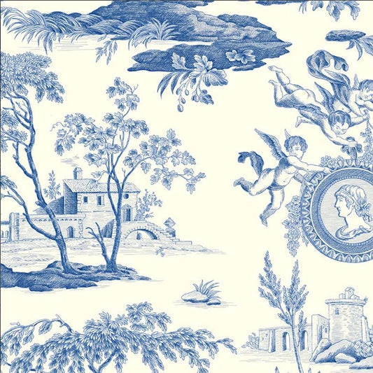 Close-up of Arthemisia Bleu Porcelaine fabric coupon from Arte Fresca Outlet, revealing the intricate details of the Toile de Jouy design. Figures, trees, and architectural elements are visible in cobalt blue on a creamy white background, highlighting the fine print and smooth texture of this 100% cotton fabric piece.