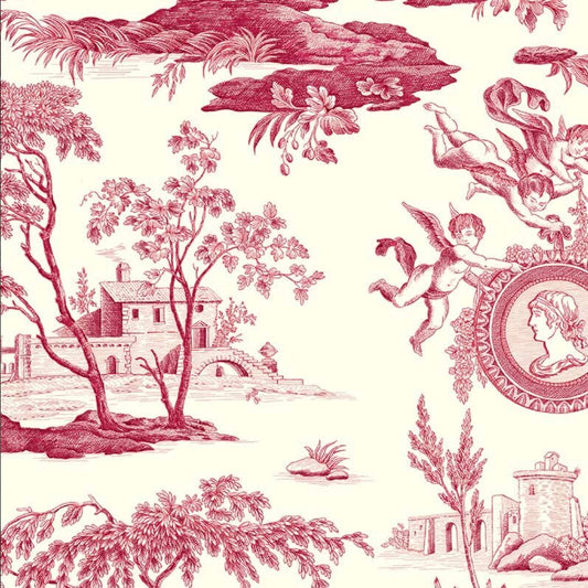 Flaches Stoffmuster des Arthemisia Rouge Stoffes mit roten Toile de Jouy Motiven auf cremefarbenem Grund