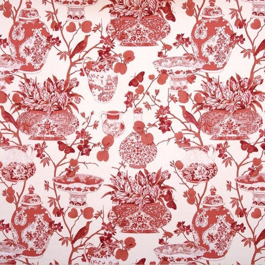Flaches Muster des bedruckten Baumwollstoffs mit roter Chinoiserie auf beigem Grund
