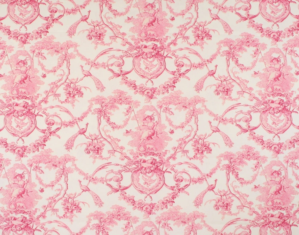 Pink and white toile pattern fabric featuring cherubs, hearts, and floral motifs in a classic damask design.