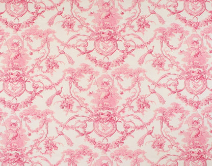 Pink and white toile pattern fabric featuring cherubs, hearts, and floral motifs in a classic damask design.