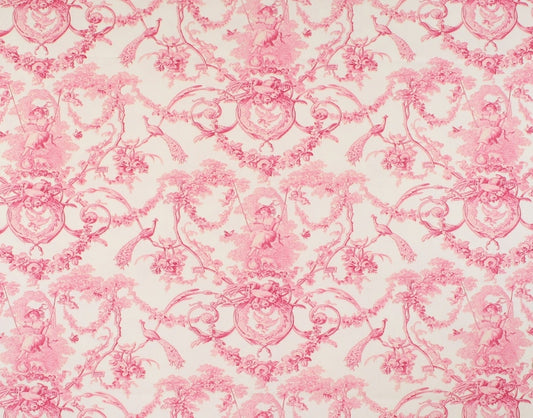 Pink and white toile pattern fabric featuring cherubs, hearts, and floral motifs in a classic damask design.