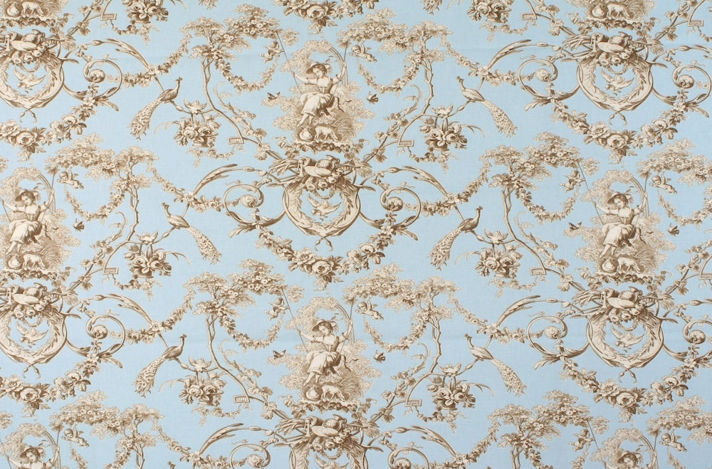 A close-up of a repeating toile-style pattern with beige cherub and floral scroll motifs on a light blue background.