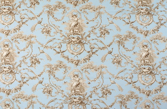 A close-up of a repeating toile-style pattern with beige cherub and floral scroll motifs on a light blue background.