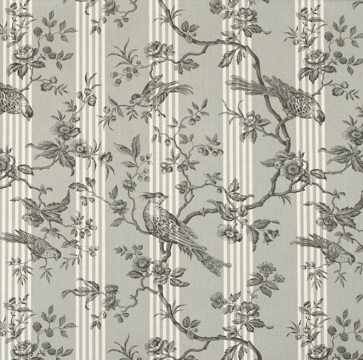 A repeating toile-style pattern with birds perched on flowering branches over narrow vertical stripes, shown in muted gray and off-white tones.