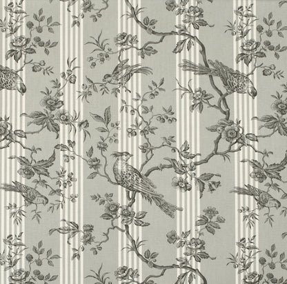 A repeating toile-style pattern with birds perched on flowering branches over narrow vertical stripes, shown in muted gray and off-white tones.