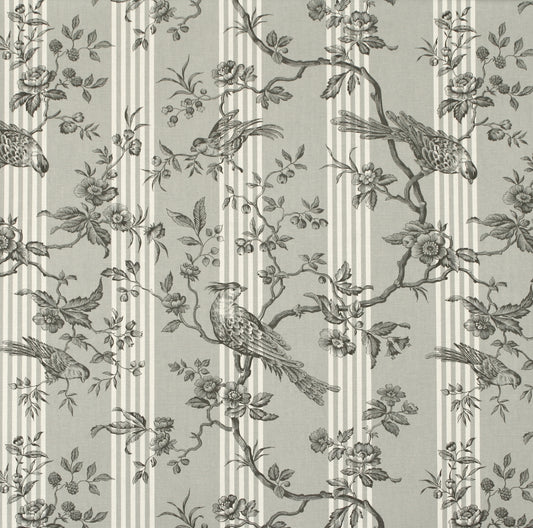 A repeating toile-style pattern with birds perched on flowering branches over narrow vertical stripes, shown in muted gray and off-white tones.