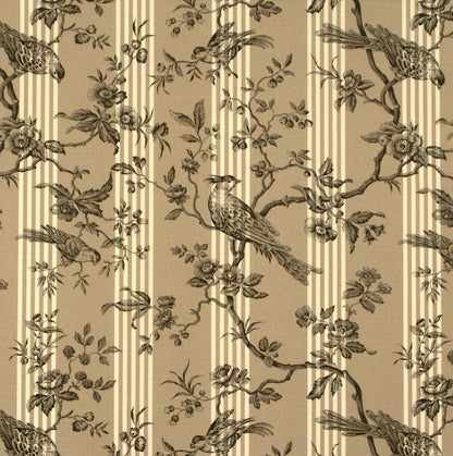 A repeating fabric pattern with vertical cream stripes on a warm beige background, overlaid with a dark brown floral and bird toile motif.