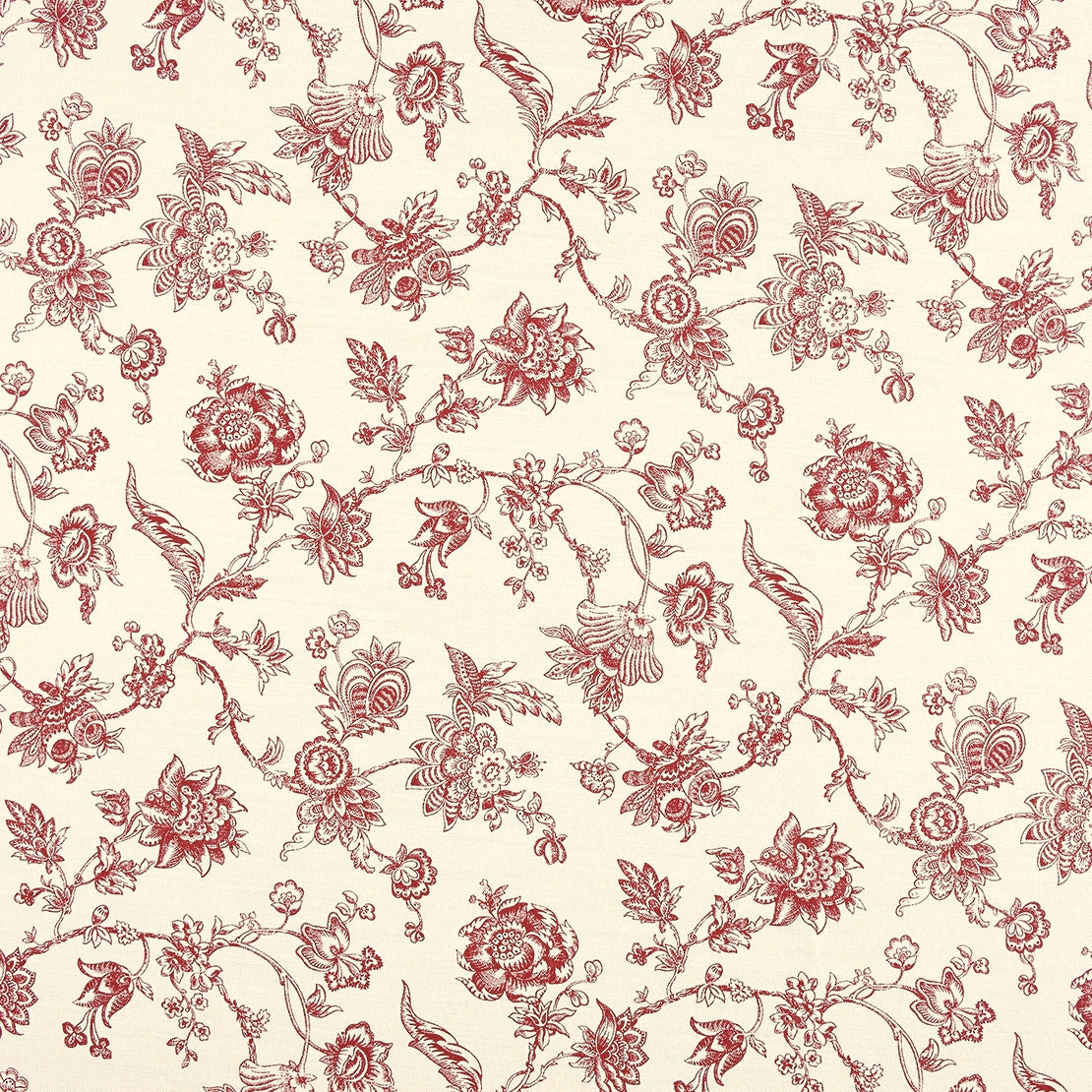 A repeating floral toile pattern in muted red on a warm cream background, with delicate vines and blossoms filling the frame.