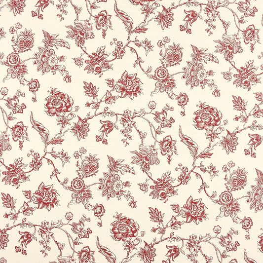 A repeating floral toile pattern in muted red on a warm cream background, with delicate vines and blossoms filling the frame.