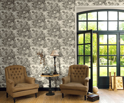 Tapete Apolline an der Wand in einem elegant eingerichteten Wohnzimmer im Landhausstil
