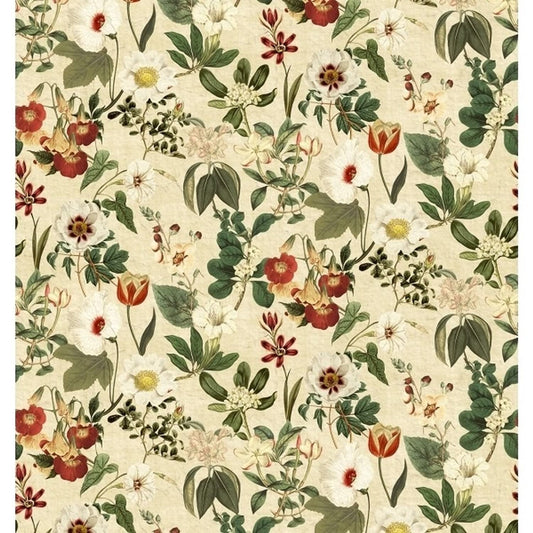 Botanique Parchment fabric coupon by Arte Fresca Outlet, showing a large view of the detailed botanical design. This printed 100% cotton fabric features various flowers and leaves in warm reds, vibrant white, and diverse greens on a textured, warm parchment-colored background, highlighting its smooth feel and artistic pattern.